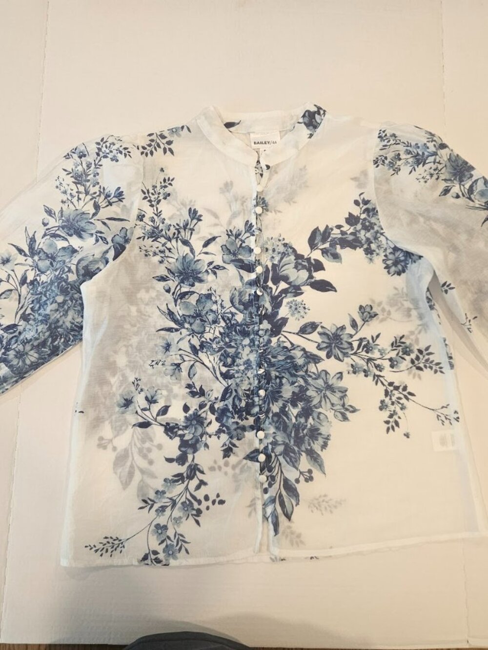 Bailey/44 - Blue & White Long Sleeve Sheer Porcelain Floral Print Blouse